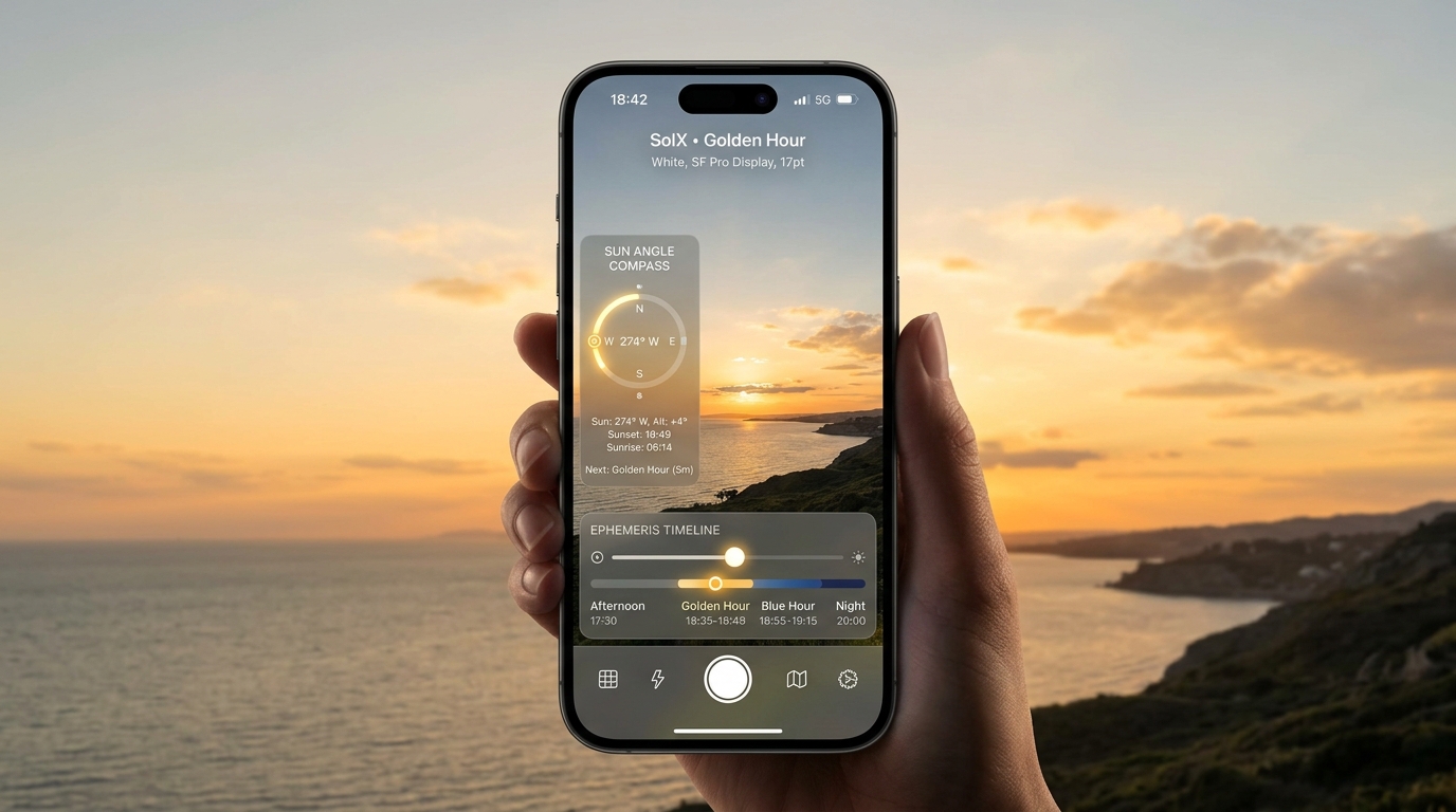SolX iOS golden-hour photography app preview